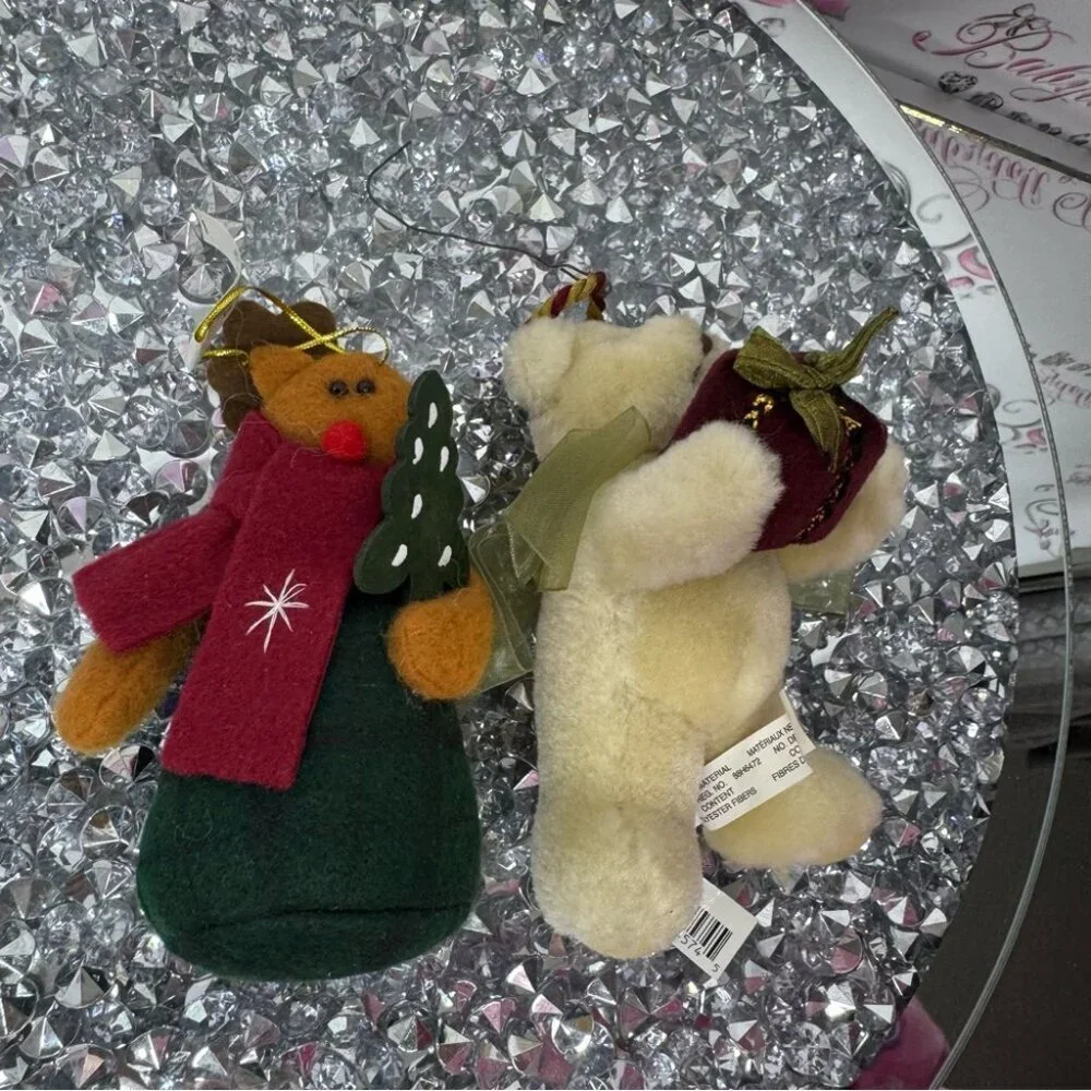 2 Christmas ornaments plush animal bears teddy cute winter outfits new with tags